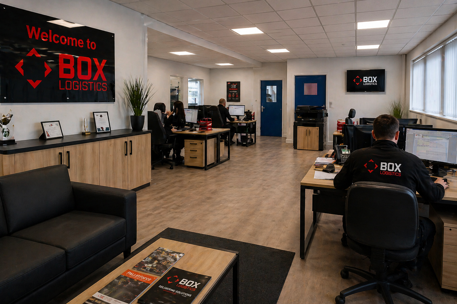 Modern office with Box Logistics branding