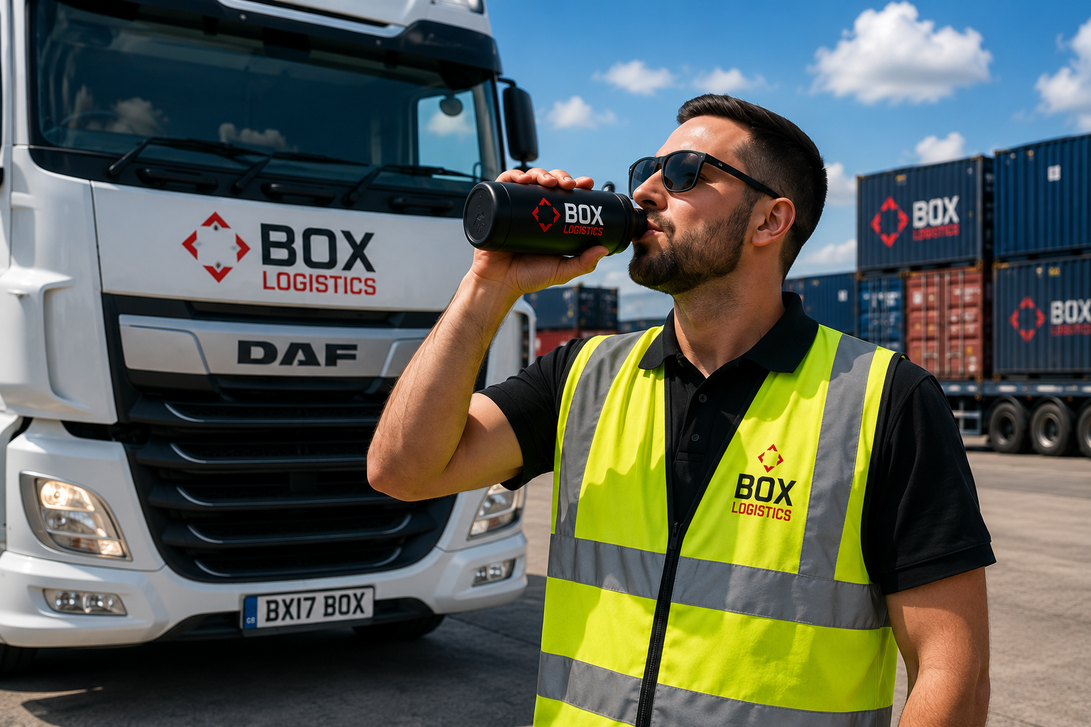 Box Logistics driver staying hydrated during hot weather